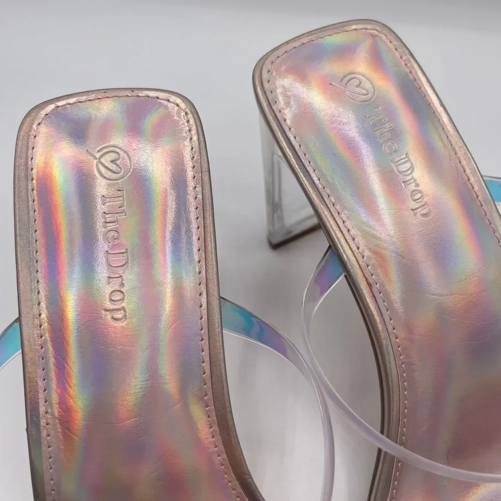 The Drop Avery Square Toe 2 Strap Lucite Heel Iridescent Sandal Party Shoes Sz 7 - Picture 10 of 11